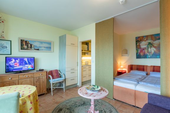 Wohnzimmer mit Schlafbereich und Essplatz