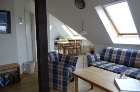 Wohnzimmer mit Sofa Ecke, Essplatz, Küchenzeile und Schlafbereich