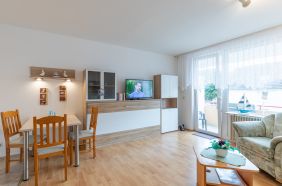 Wohnzimmer mit TV und Zugang zum Balkon